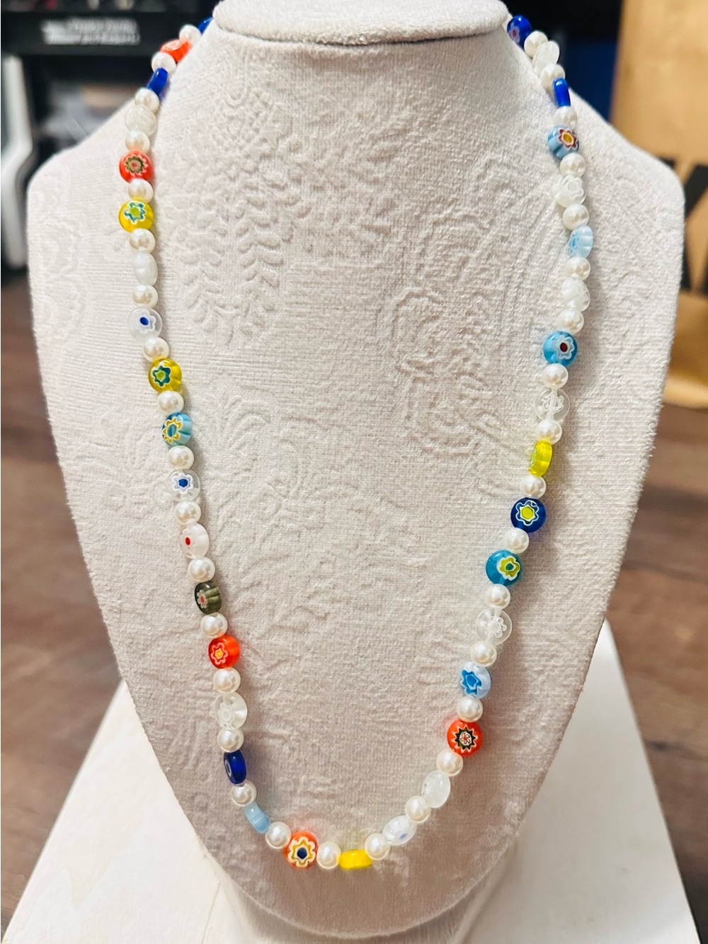 Multicolor Millefiori Glass & Pearl Bead Necklace